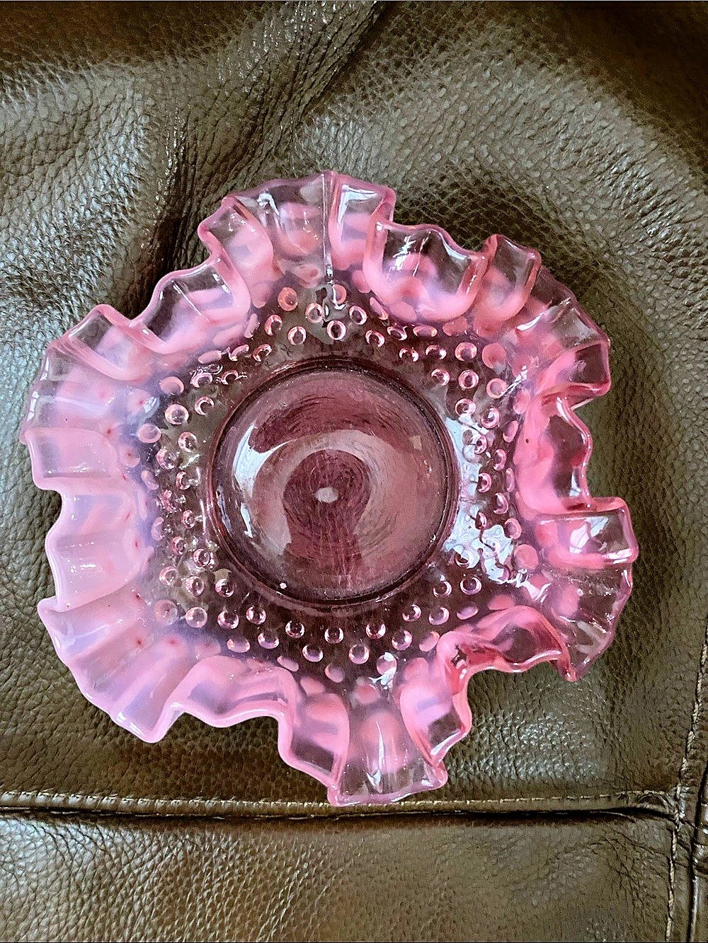 Fenton Cranberry Opalescent Hobnail Ruffled Bowl